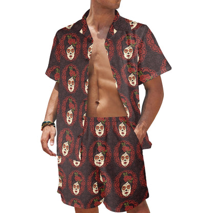 Day of the Dead Mexican Girl Men's Beach Shirt and Shorts Set