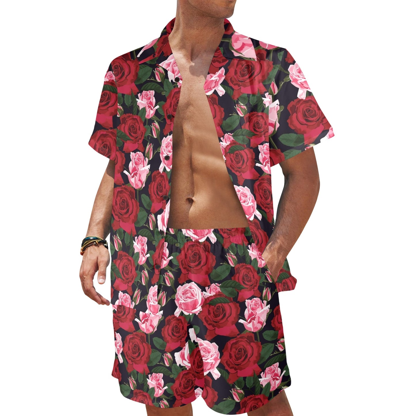 Rose Red Pink Pattern Print Design RO01 Men's Beach Shirt and Shorts Set