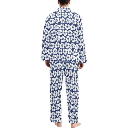 Hibiscus Blue Hawaiian Flower Pattern Men's Long Pajama Set