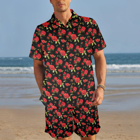 Red Rose Themed Print Men's Beach Shirt and Shorts Set