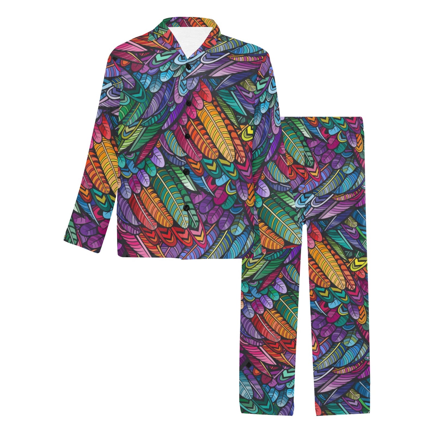 Feather Multicolor Design Print Men's Long Pajama Set