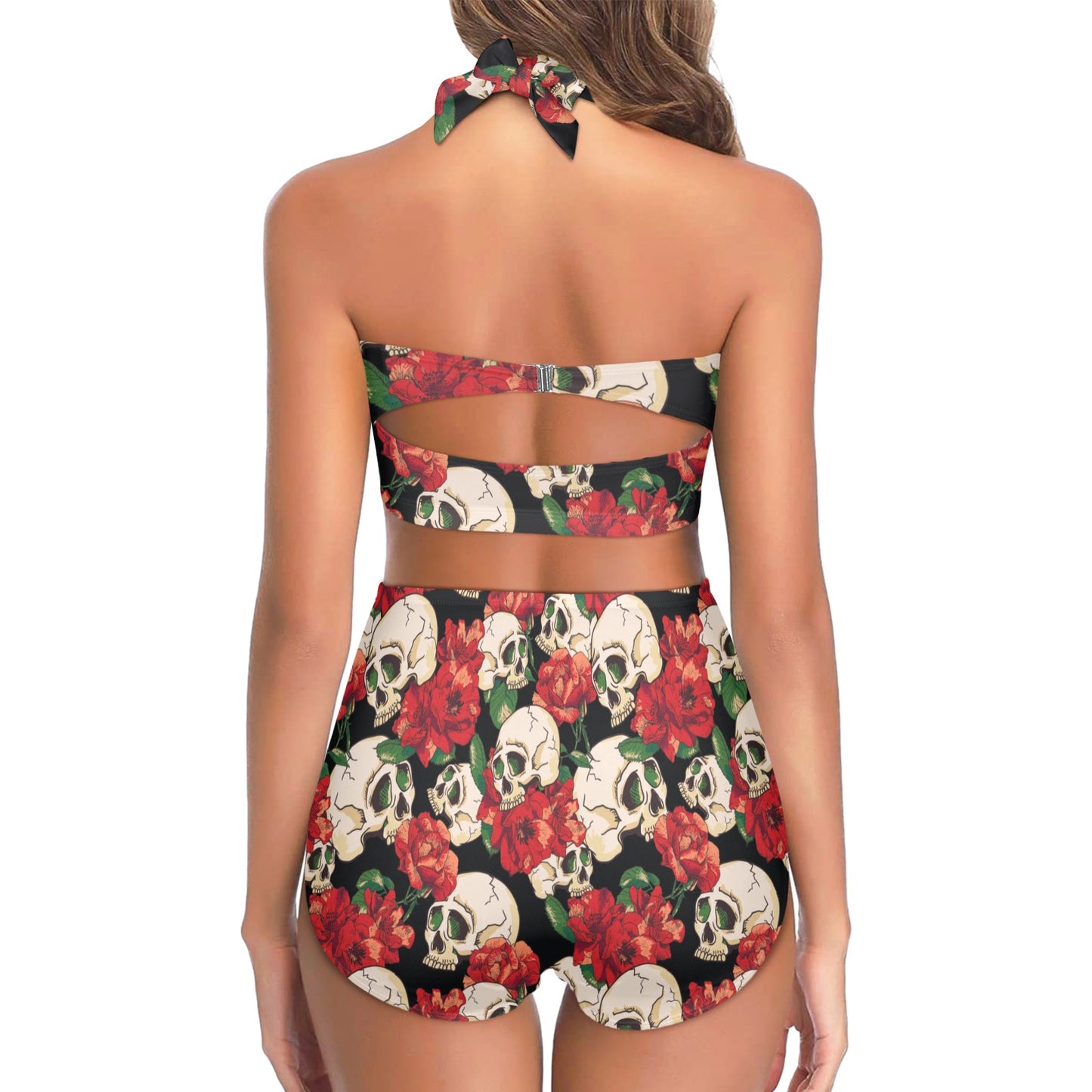 Skull Red Rose Halter Neck Bikini Swimsuit