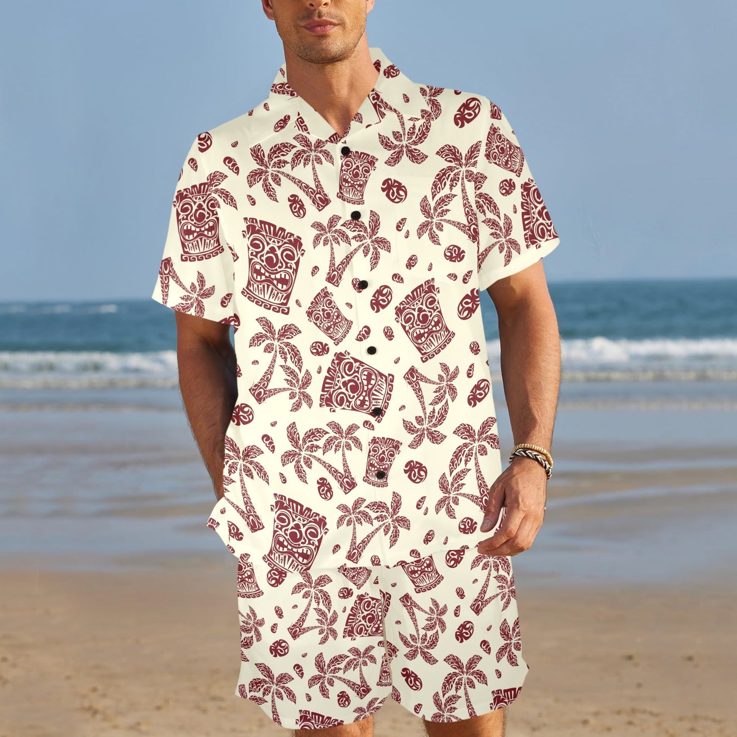 Tiki Tribal Mask Palm Tree Men's Beach Shirt and Shorts Set