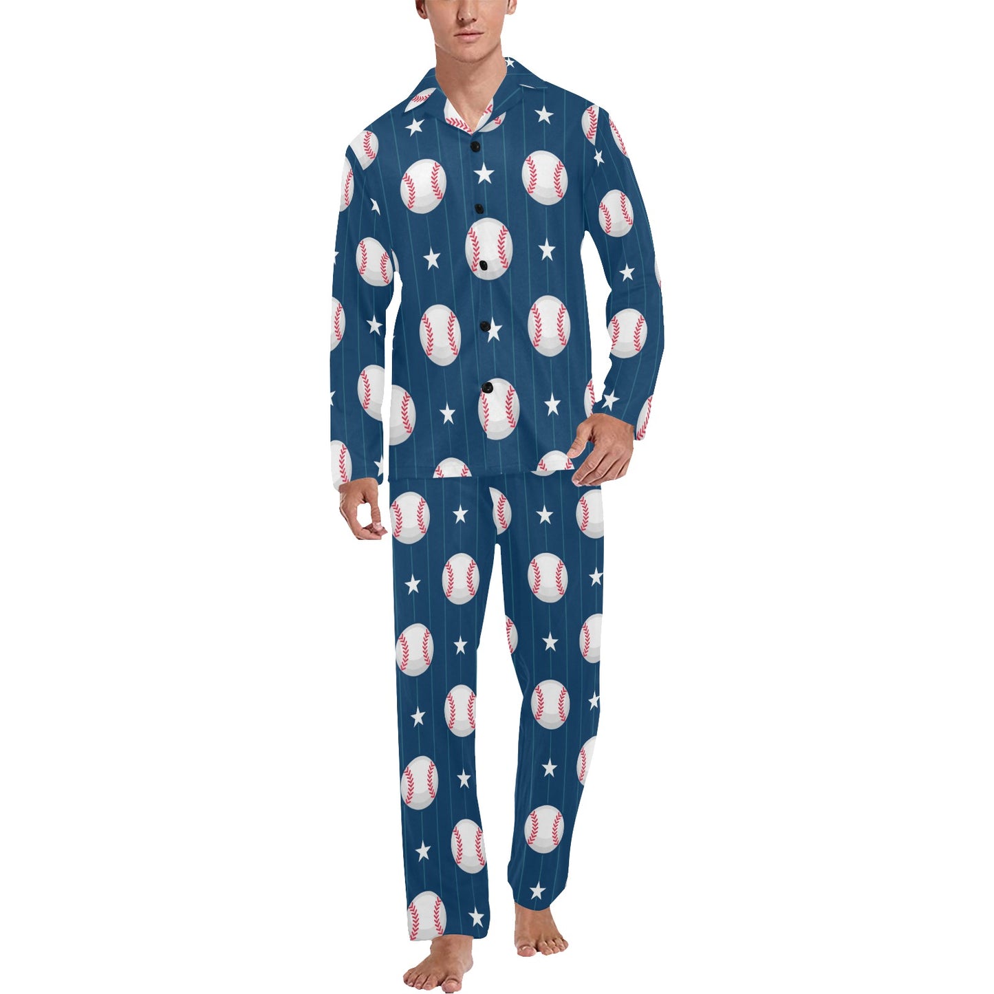 Baseball Star Print Pattern Men's Long Pajama Set