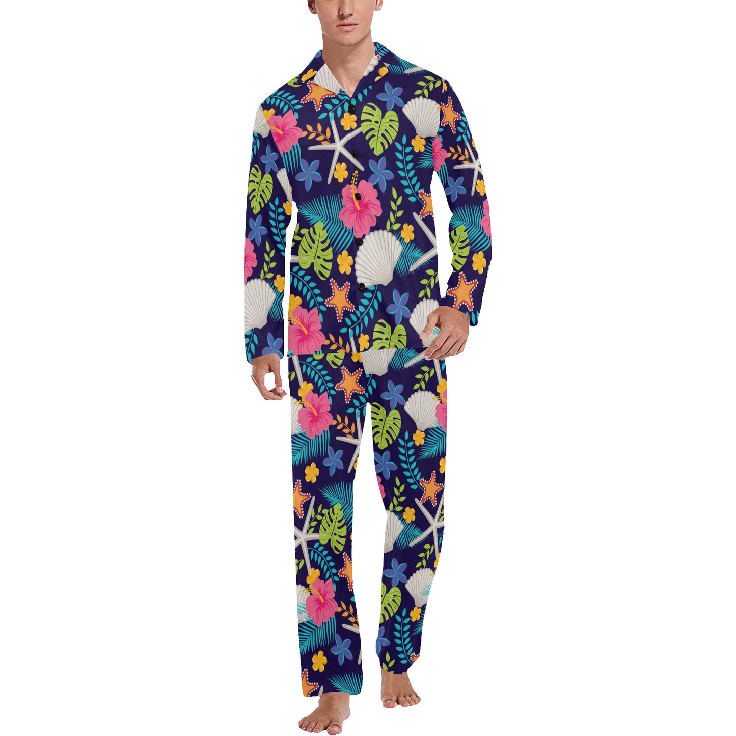 Beach Seashell Floral Theme Men's Long Pajama Set
