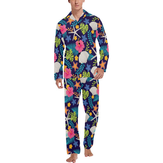 Beach Seashell Floral Theme Men's Long Pajama Set