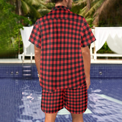 Red Black Buffalo Tartan Plaid Pattern Men's Beach Shirt and Shorts Set