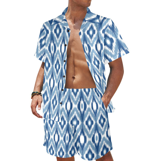 Ikat Pattern Print Design 03 Men's Beach Shirt and Shorts Set