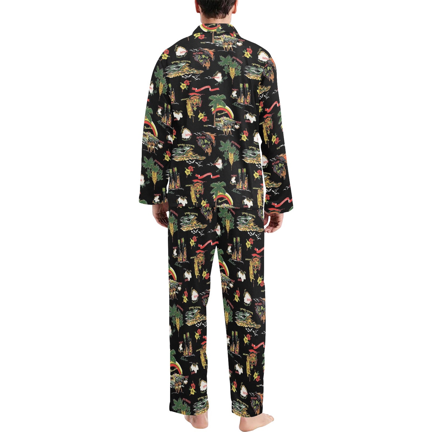 Hawaiian Island Themed Print Men's Long Pajama Set