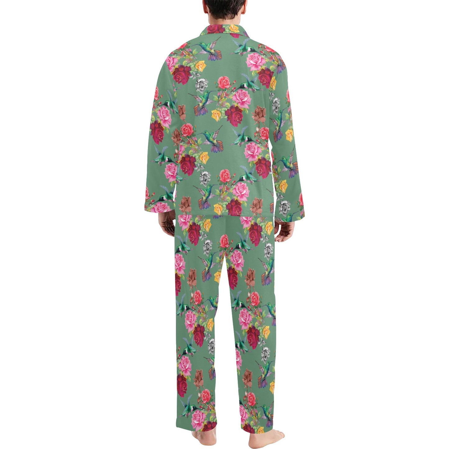 Hummingbird with Rose Themed Print Men's Long Pajama Set