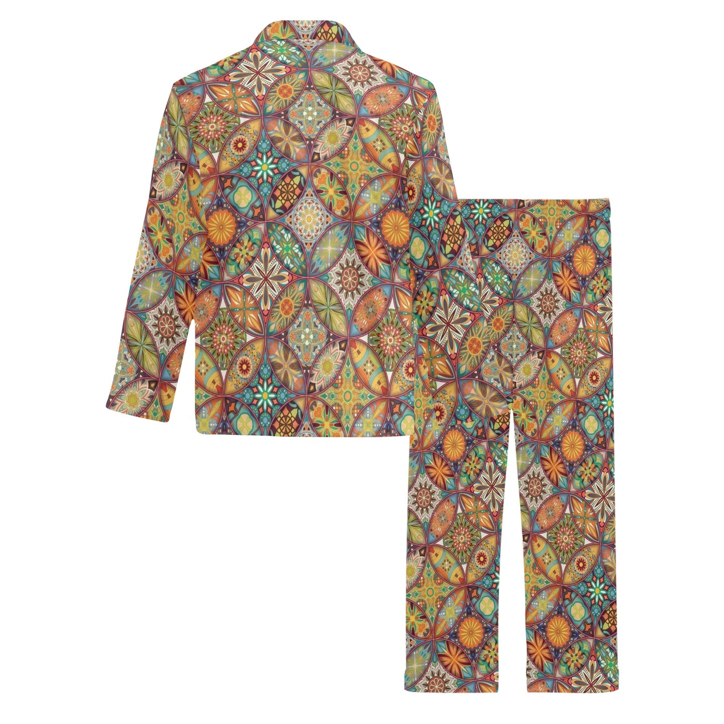 Mandala Flower Themed Design Print Men's Long Pajama Set