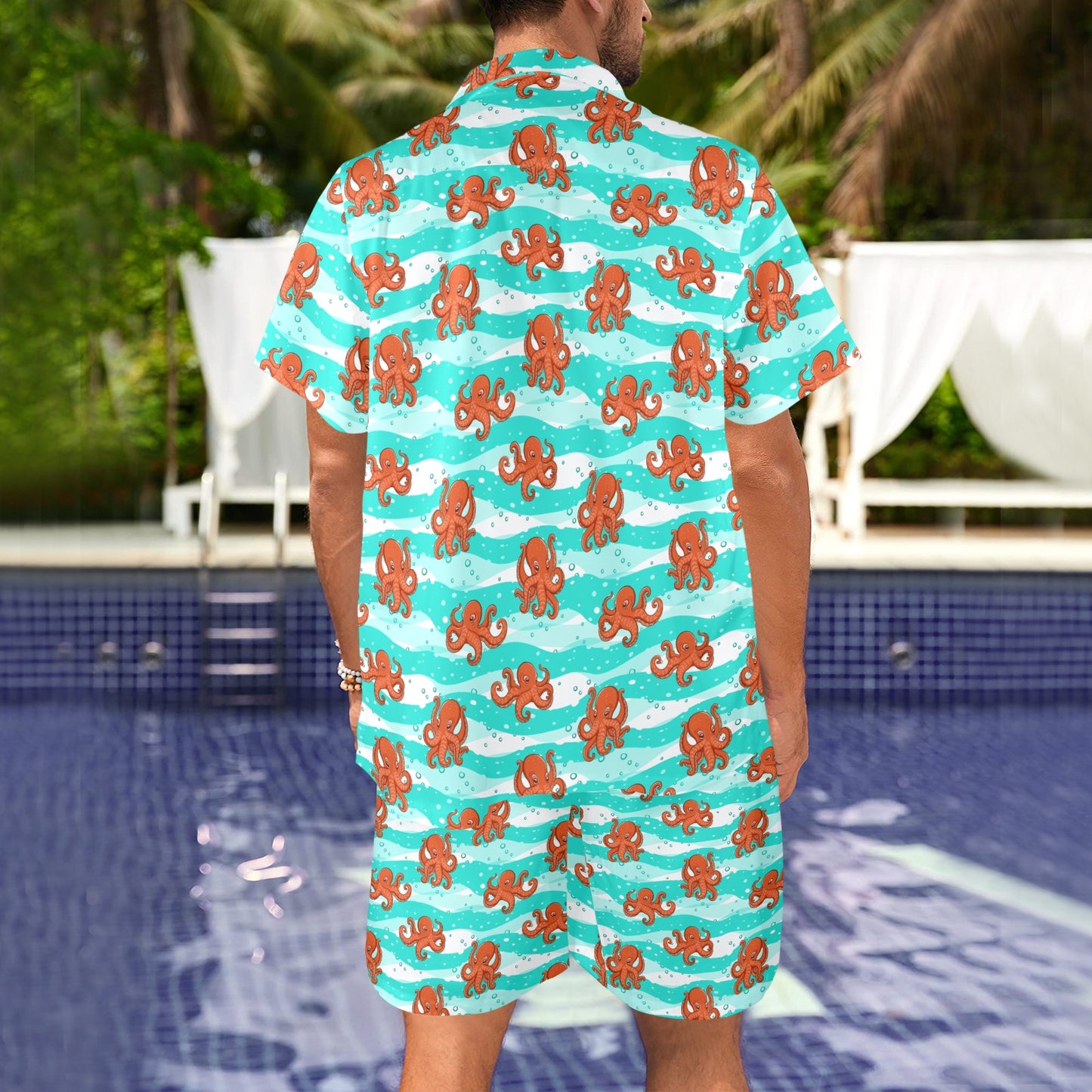 Octopus Cute Design Print Themed Men's Beach Shirt and Shorts Set