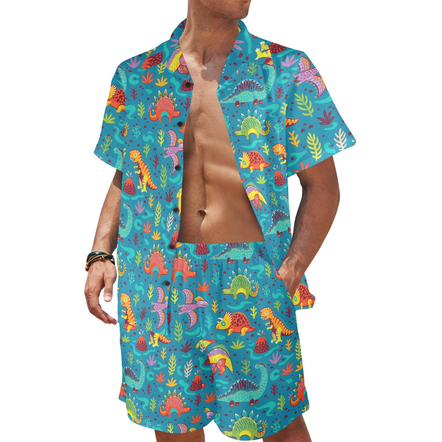 Dinosaur Cartoon Style Men's Beach Shirt and Shorts Set