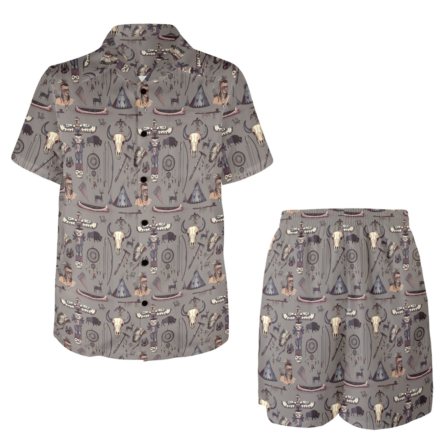 Native Indian life Design Print Men's Beach Shirt and Shorts Set