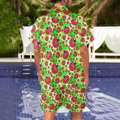 Ladybug with Leaf Print Pattern Men's Beach Shirt and Shorts Set