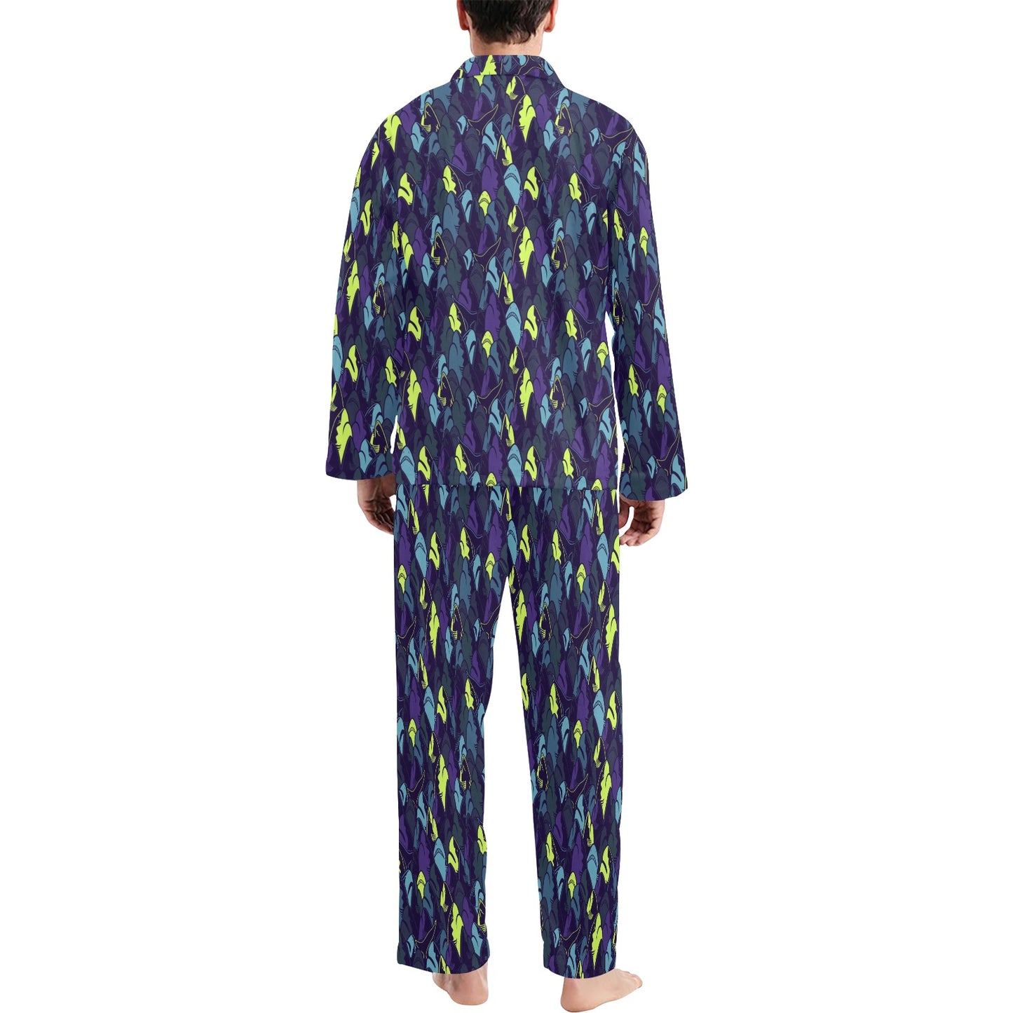 Shark Neon color Print Men's Long Pajama Set
