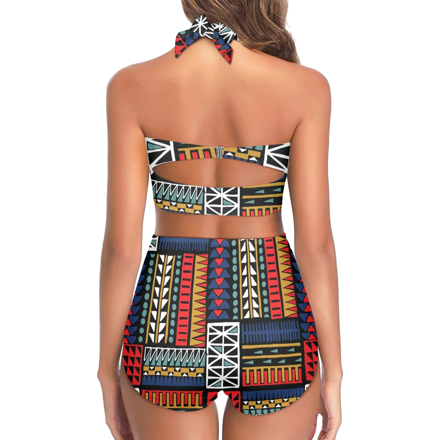 Kente Pattern Print Design 02 Halter Neck Bikini Swimsuit