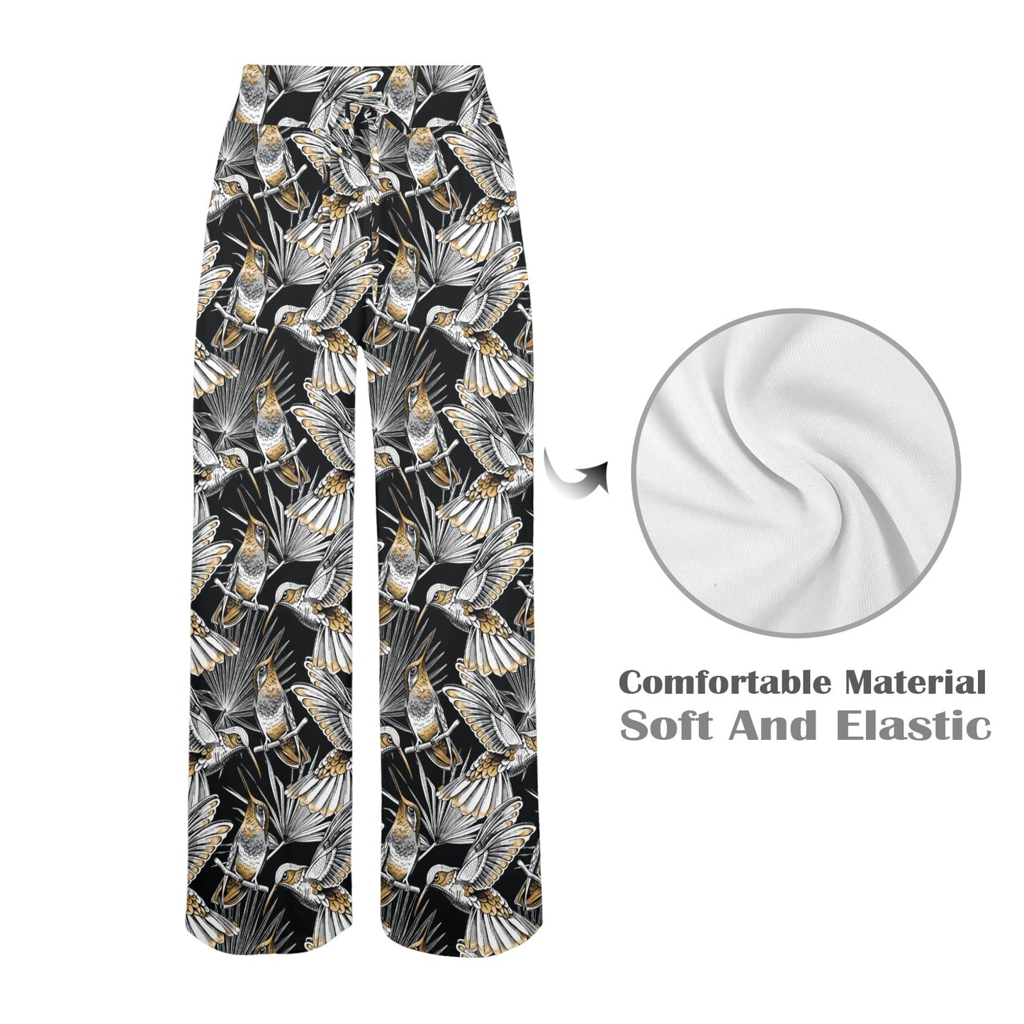Hummingbird Gold Design Themed Print Women's Wide Leg Lounge Pants