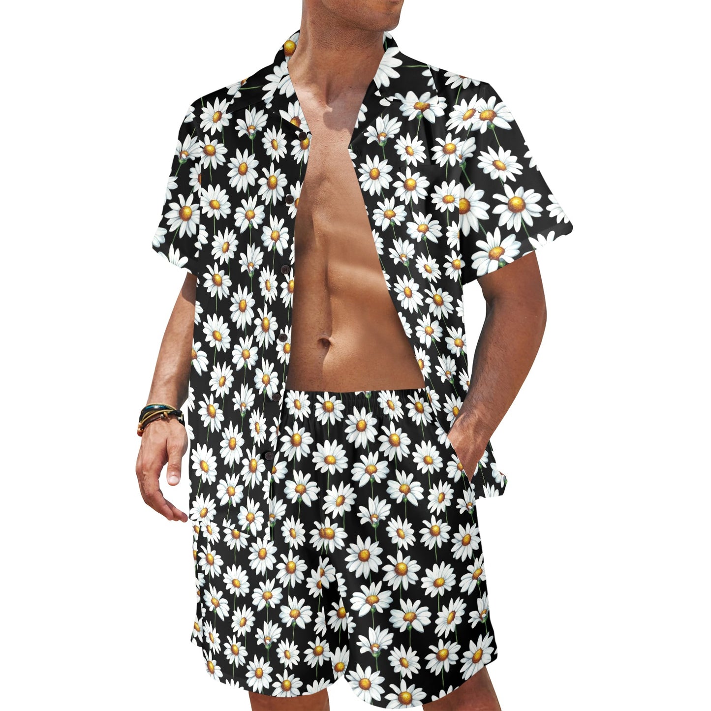 Daisy Print Pattern Men's Beach Shirt and Shorts Set