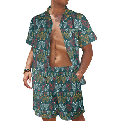 Rooster Hand Draw Design Men's Beach Shirt and Shorts Set