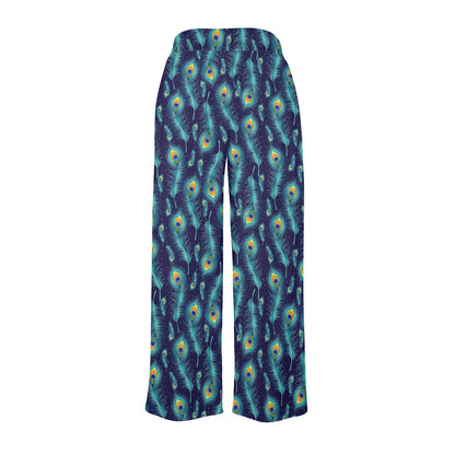 Peacock Feather Blue Design Print Women's Wide Leg Lounge Pants