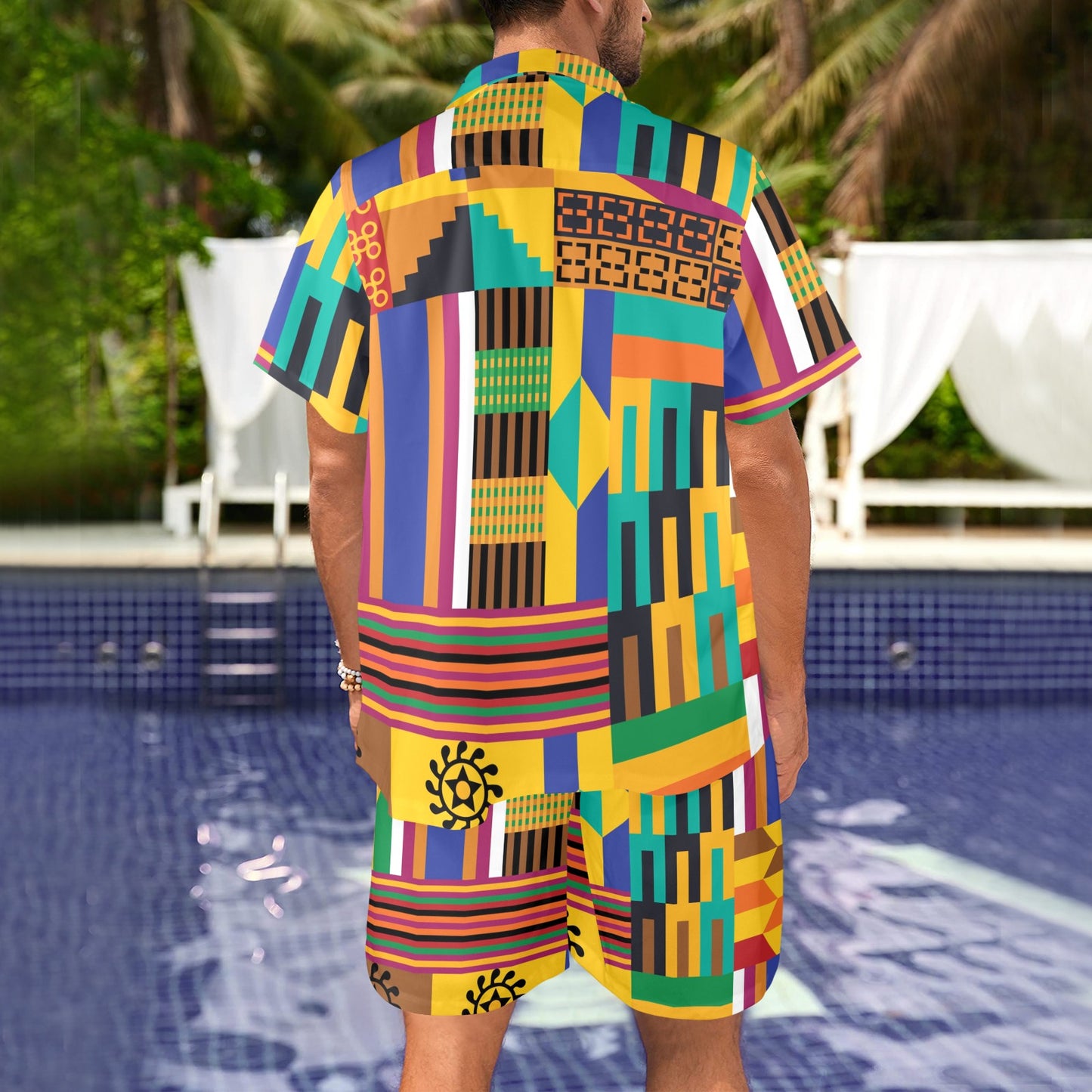 Kente Pattern Print Design 03 Men's Beach Shirt and Shorts Set