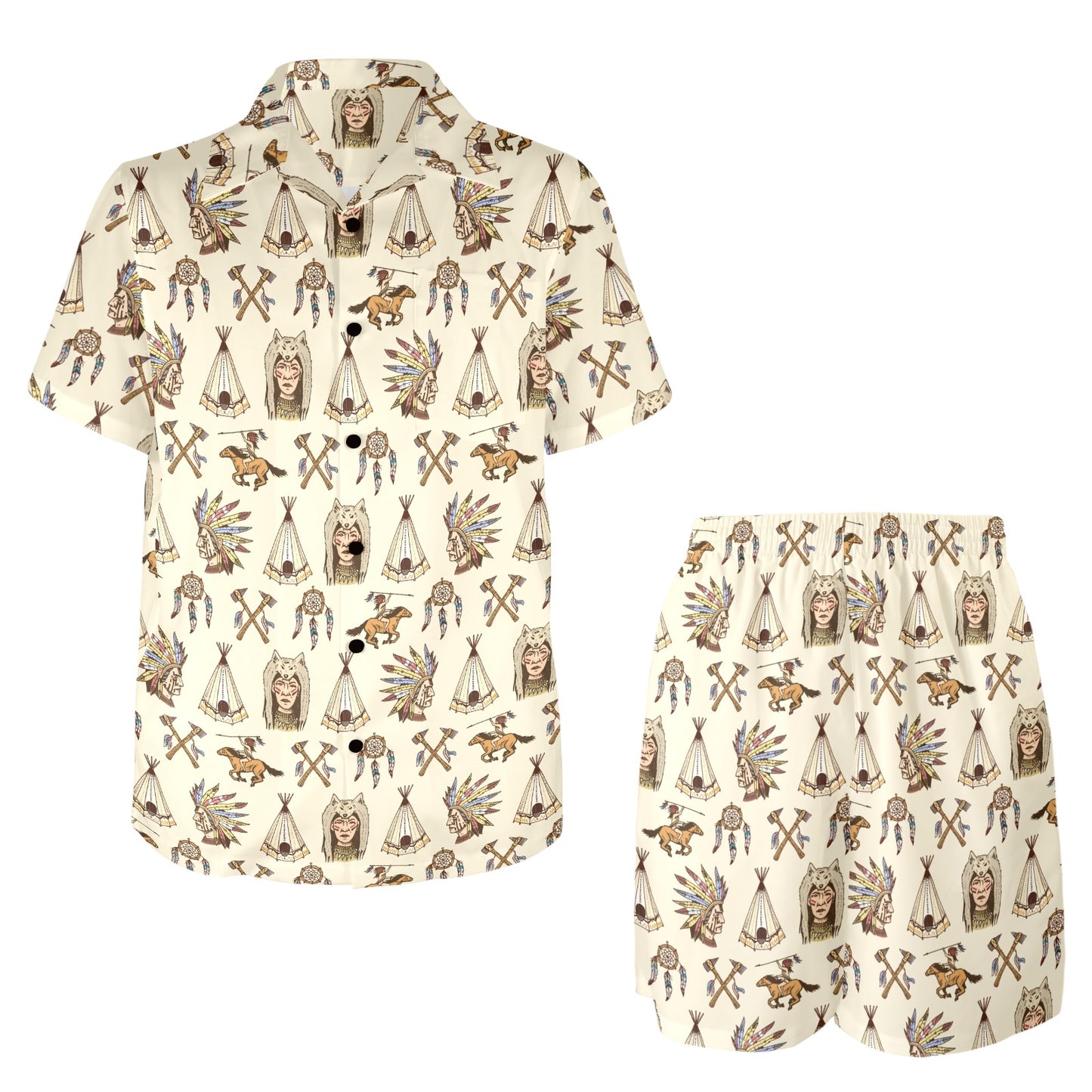 Native Indian Pattern Design Print Men's Beach Shirt and Shorts Set