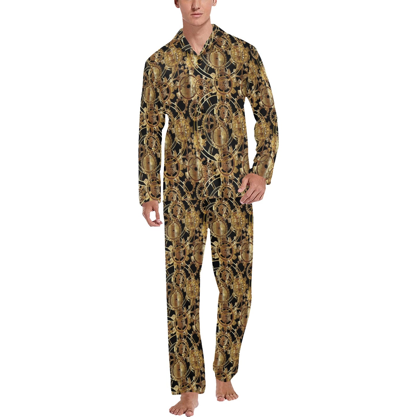 Steampunk Gear Design Themed Print Men's Long Pajama Set