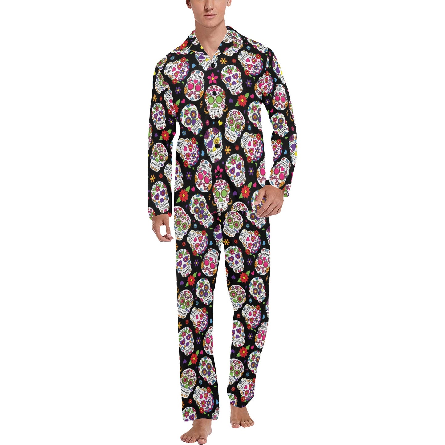 Sugar Skull Print Design LKS302 Men's Long Pajama Set