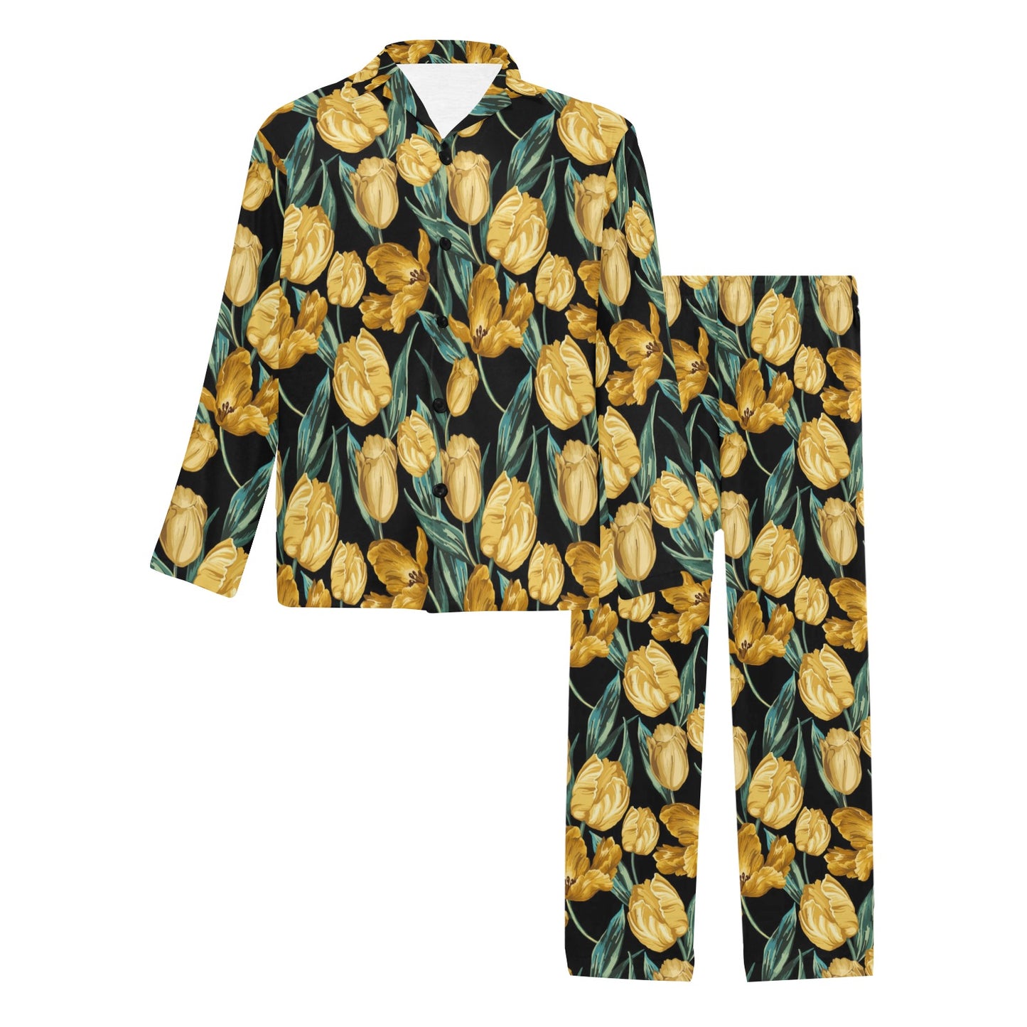 Elegant Yellow Tulip Print Men's Long Pajama Set