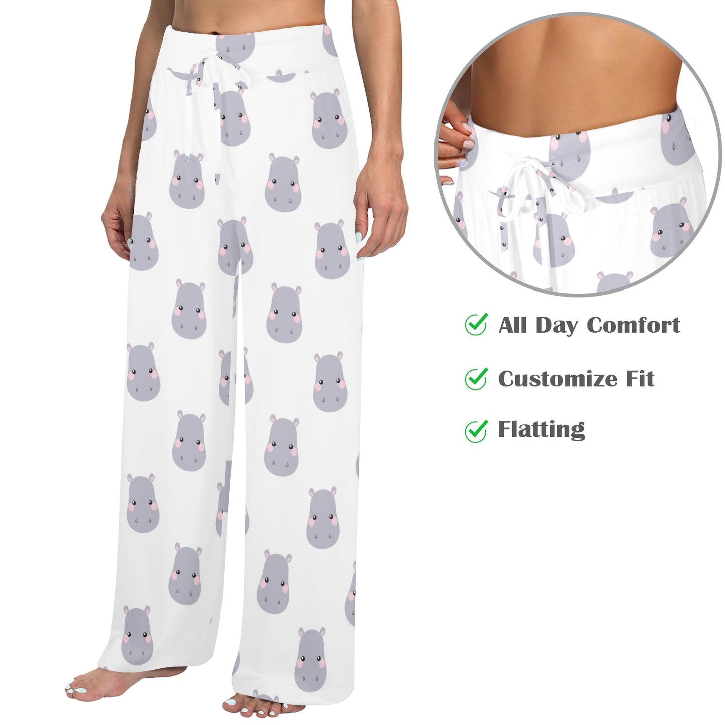 Hippo Design Print Pattern JJ0350 Women's Wide Leg Lounge Pants