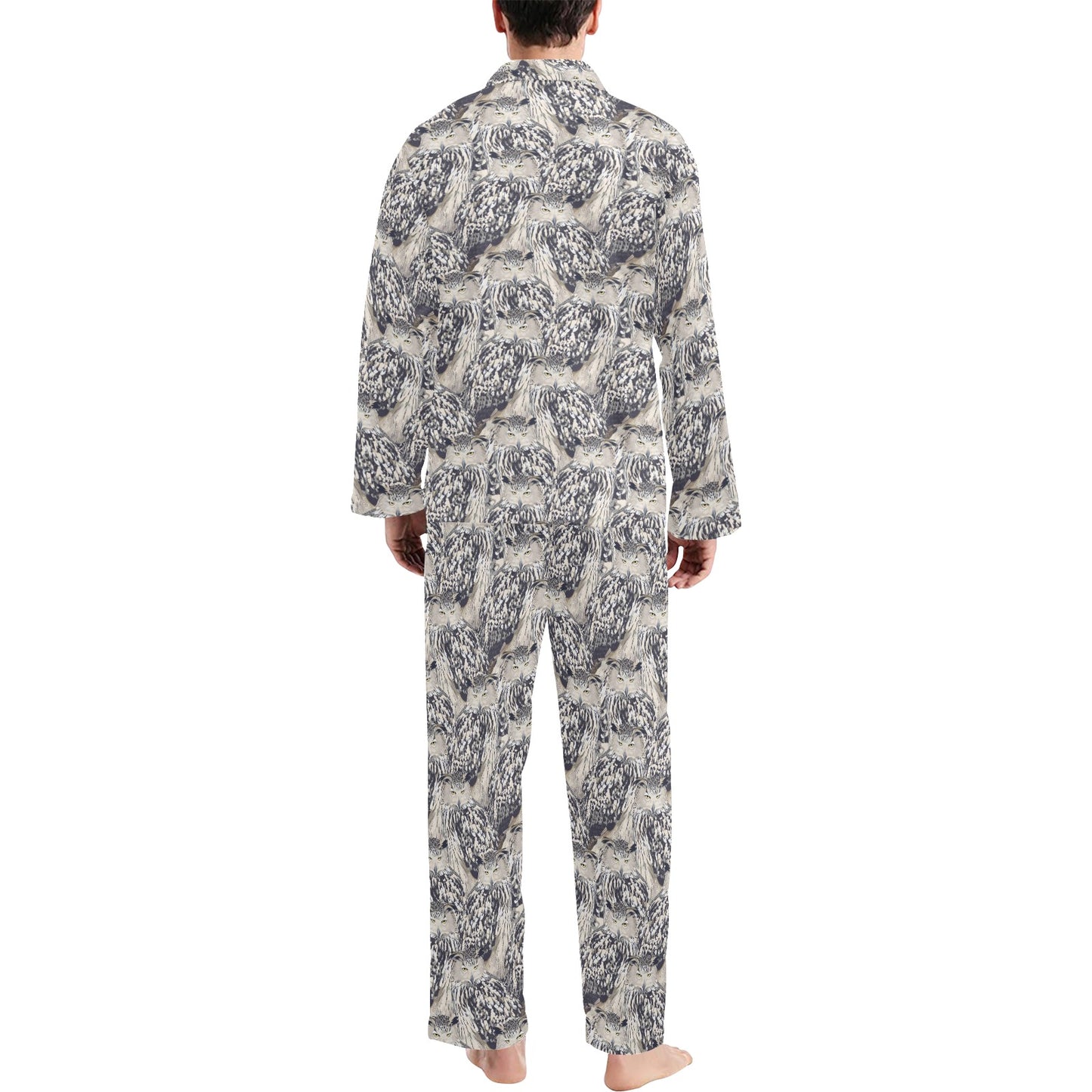 Owl Realistic Themed Design Print Men's Long Pajama Set