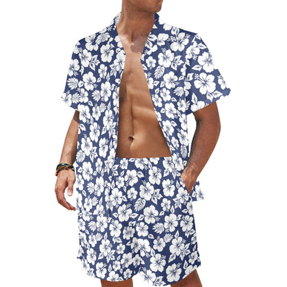 Hibiscus Blue Hawaiian Flower Style Men's Beach Shirt and Shorts Set