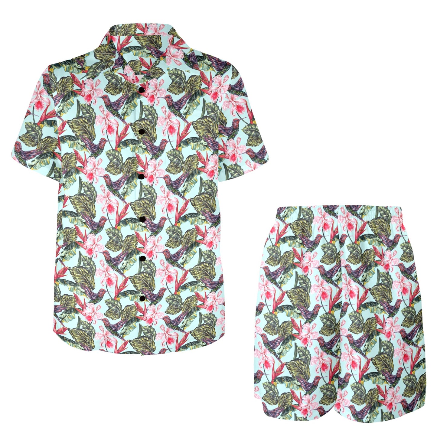 Hummingbird Cute Themed Print Men's Beach Shirt and Shorts Set