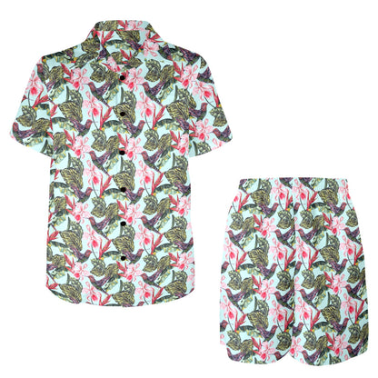 Hummingbird Cute Themed Print Men's Beach Shirt and Shorts Set