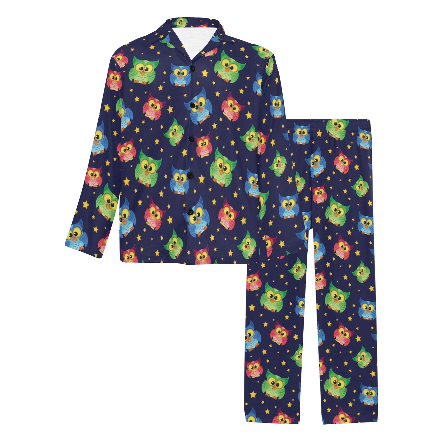 Owl with Star Themed Design Print Men's Long Pajama Set