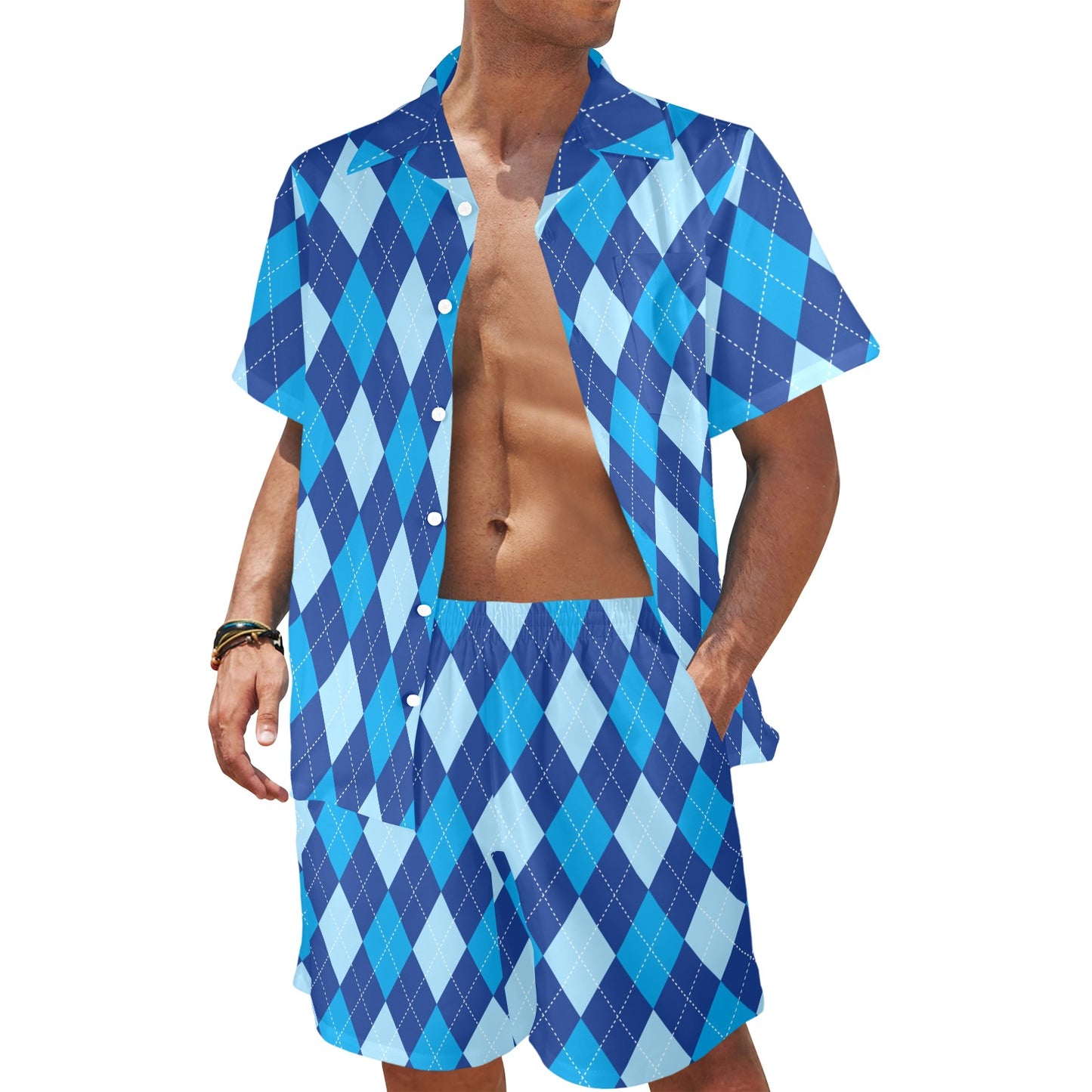 Argyle Blue Pattern Print Design 02 Men's Beach Shirt and Shorts Set