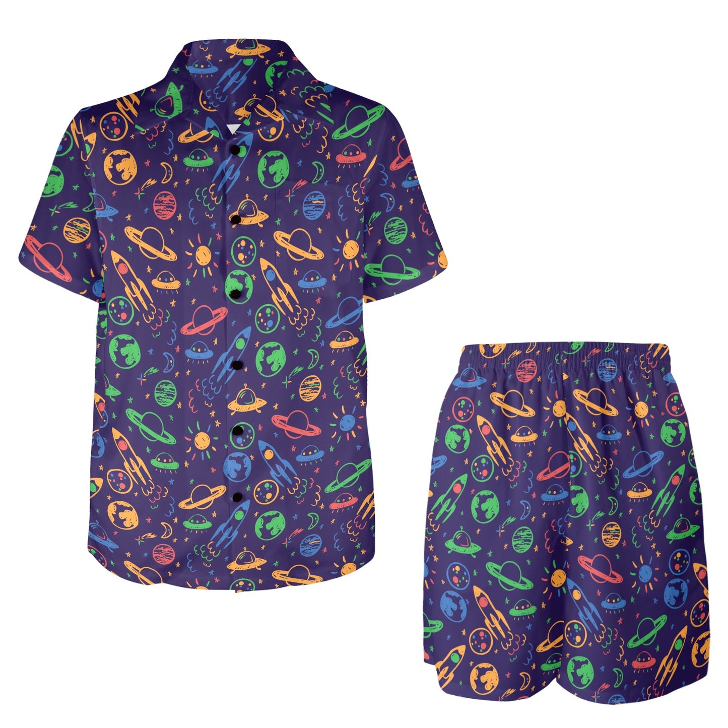 UFO Space Rocket Print Design LKS302 Men's Beach Shirt and Shorts Set
