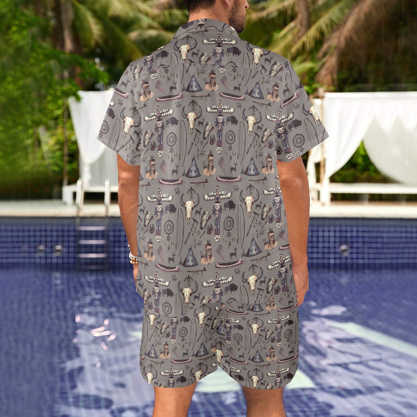 Native Indian life Design Print Men's Beach Shirt and Shorts Set