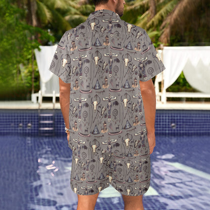 Native Indian life Design Print Men's Beach Shirt and Shorts Set