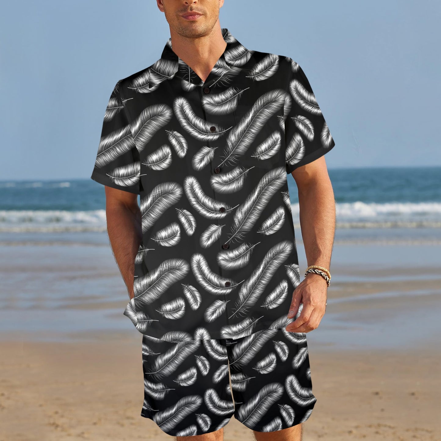 Feather Black White Design Print Men's Beach Shirt and Shorts Set