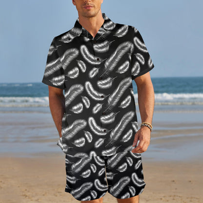 Feather Black White Design Print Men's Beach Shirt and Shorts Set
