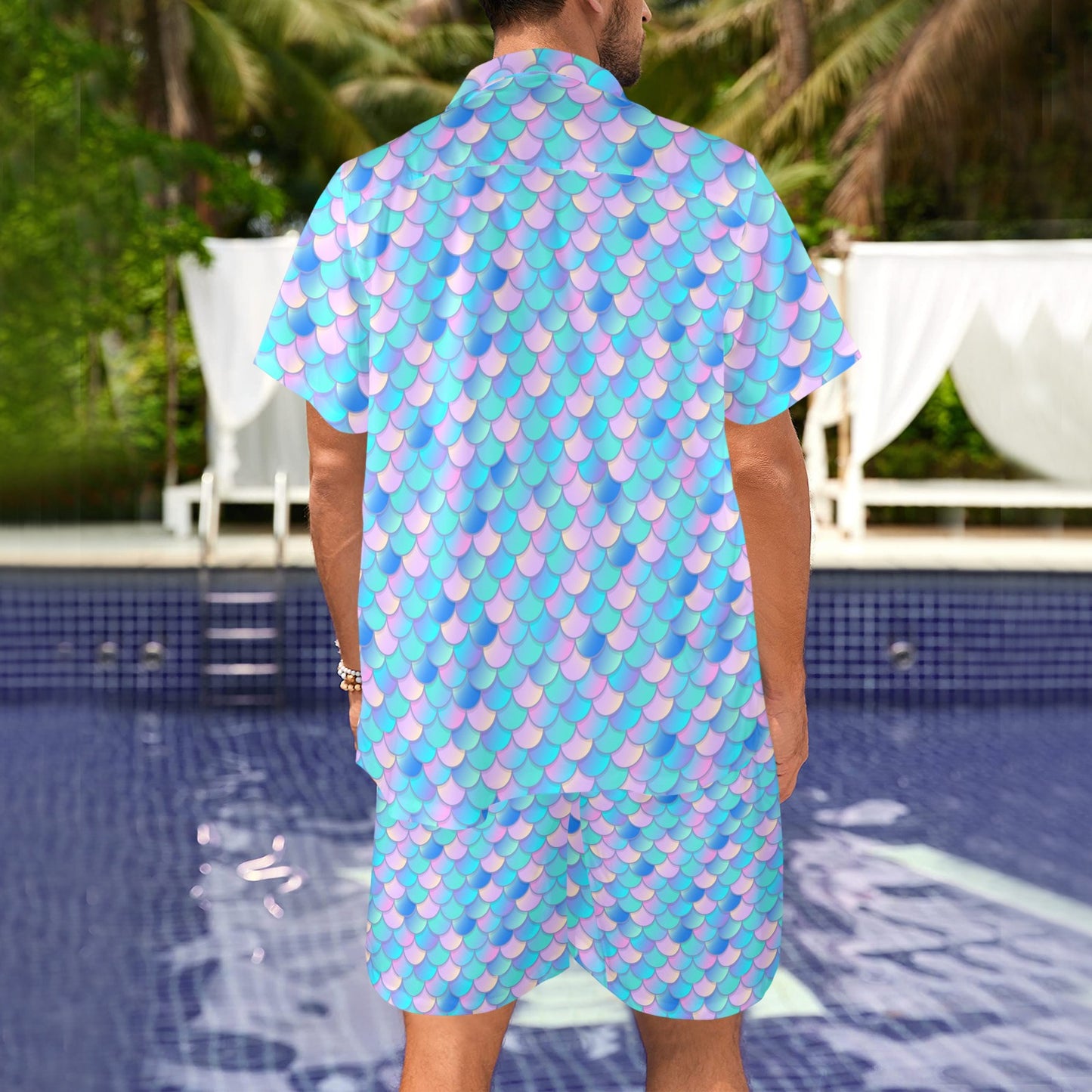 Mermaid Scales Pastel Pattern Print Design 07 Men's Beach Shirt and Shorts Set