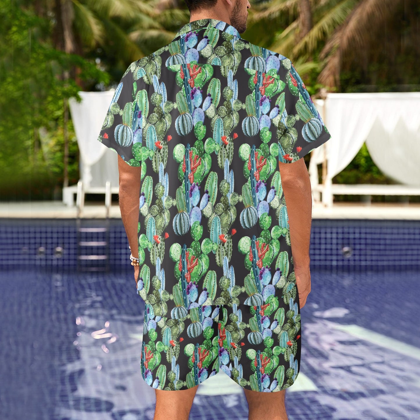 Cactus Watercolor Style Print Men's Beach Shirt and Shorts Set