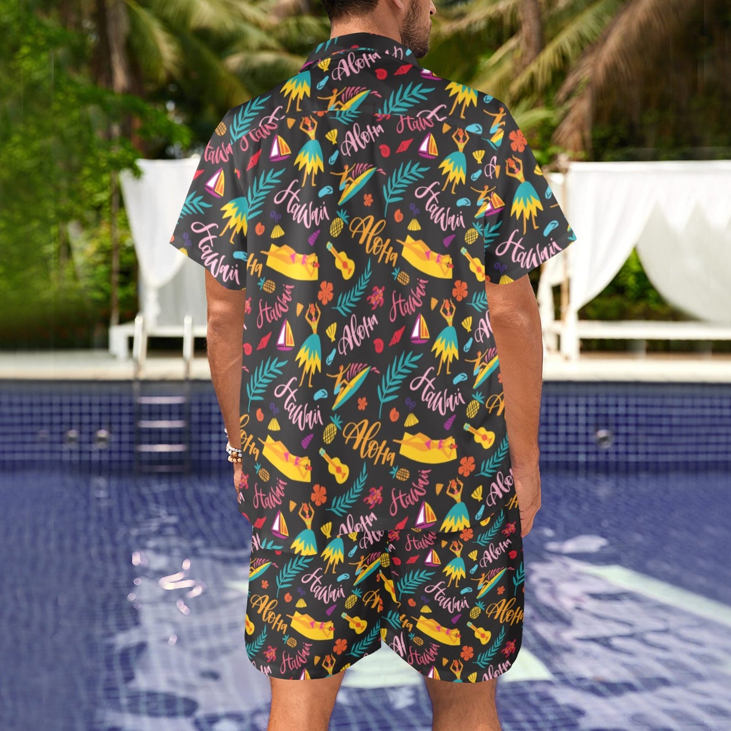 Aloha Hawaii Summer Design Themed Print Men's Beach Shirt and Shorts Set