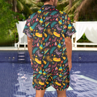 Aloha Hawaii Summer Design Themed Print Men's Beach Shirt and Shorts Set