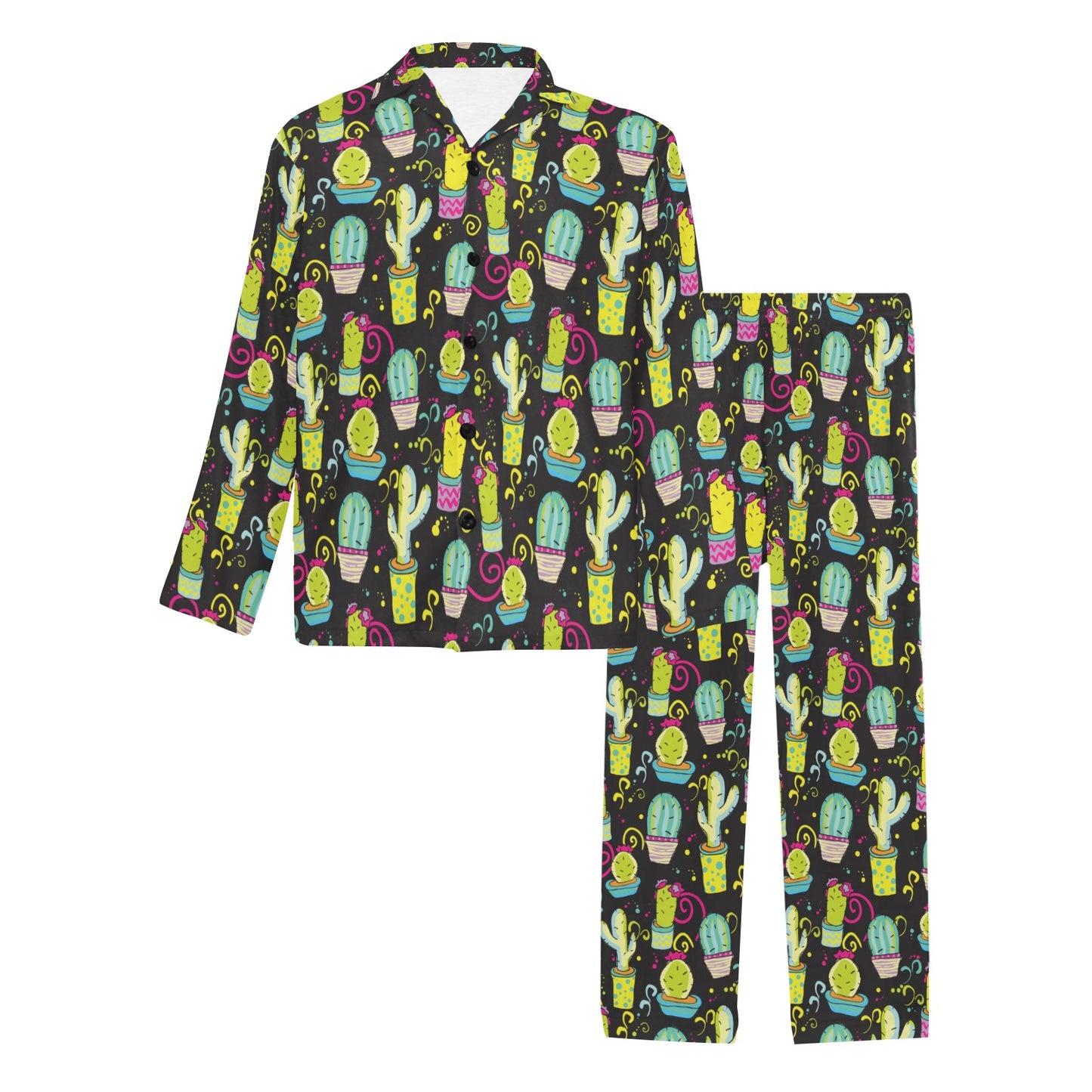 Cactus Neon Style Print Pattern Men's Long Pajama Set