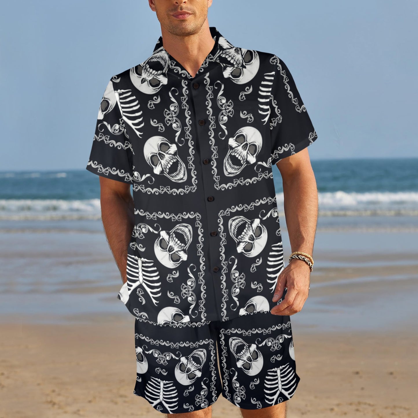 Bandana Skull Black White Print Design LKS306 Men's Beach Shirt and Shorts Set
