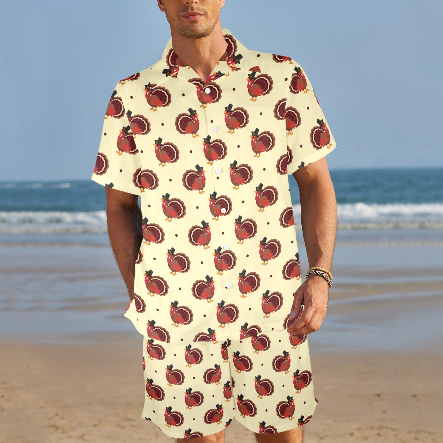 Thanksgiving Print Design LKS3010 Men's Beach Shirt and Shorts Set