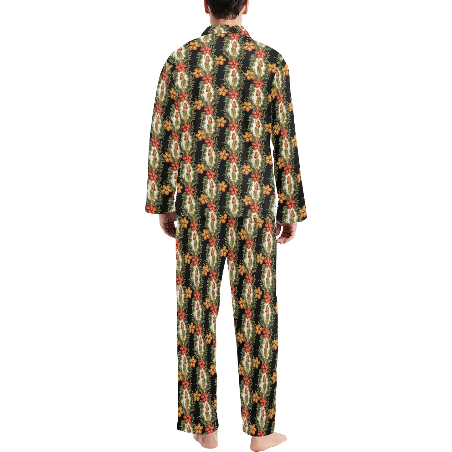 Hawaiian Flower Hula Hibiscus Print Men's Long Pajama Set